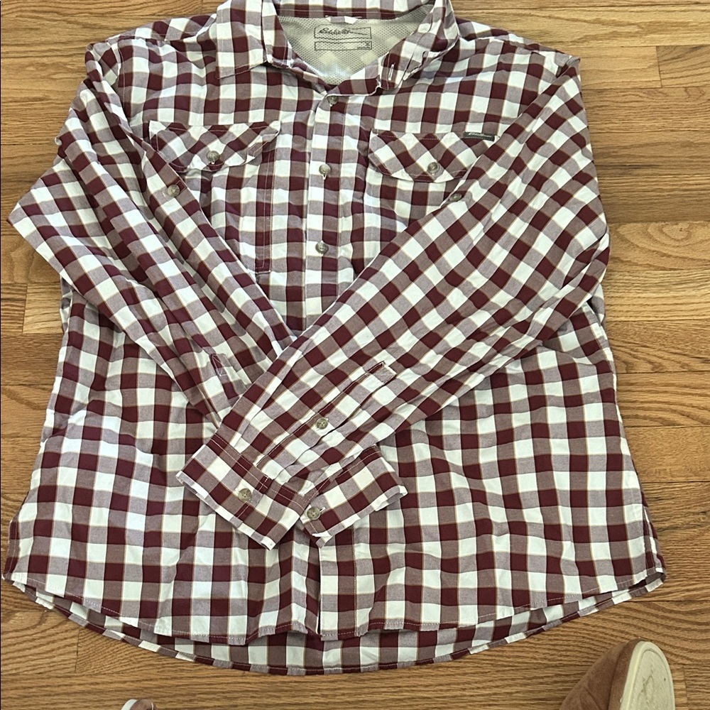 Eddie Bauer Burgundy and White Plaid Button-Up Shirt